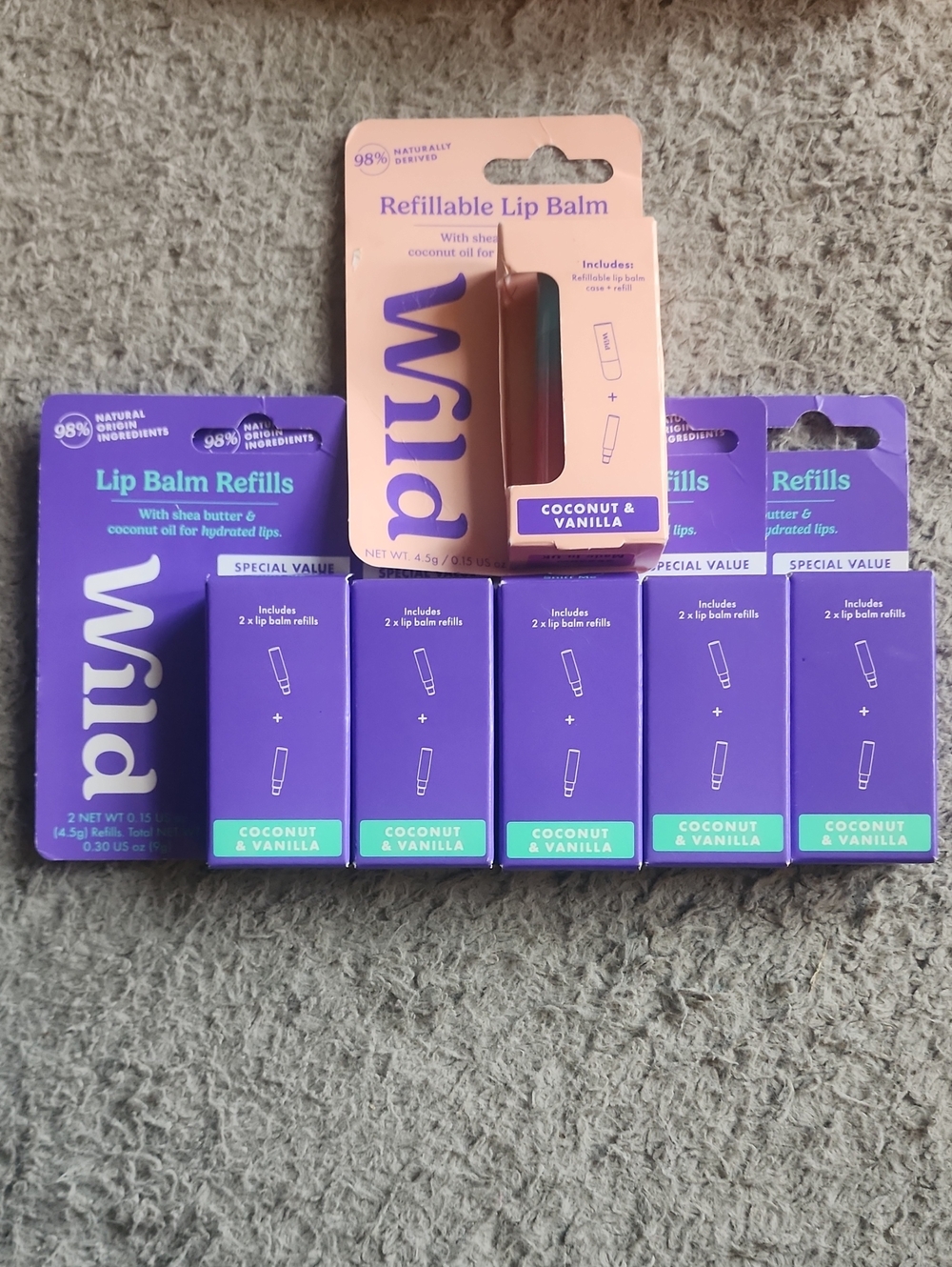6 bulk wild Refillable Lip Balm Coconut & Vanilla - Purple